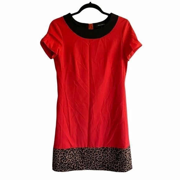 PINK TARTAN Wool Short Sleeve Mini Shift Dress Red Leopard Print 2 - Picture 2 of 7